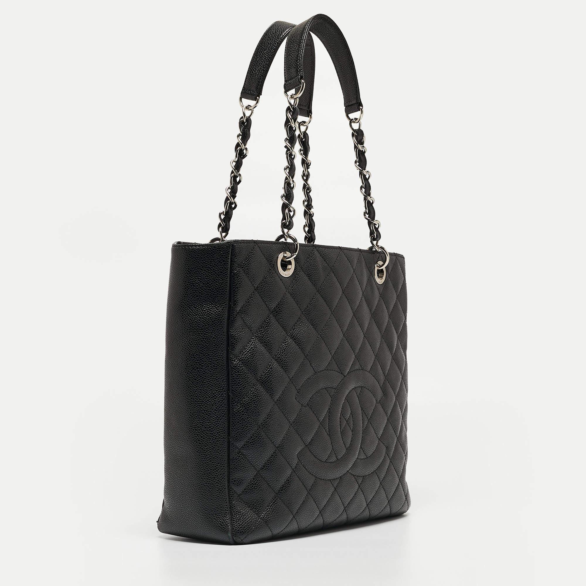 Chanel Black Caviar Quilted Leather CC Tote For Sale 9