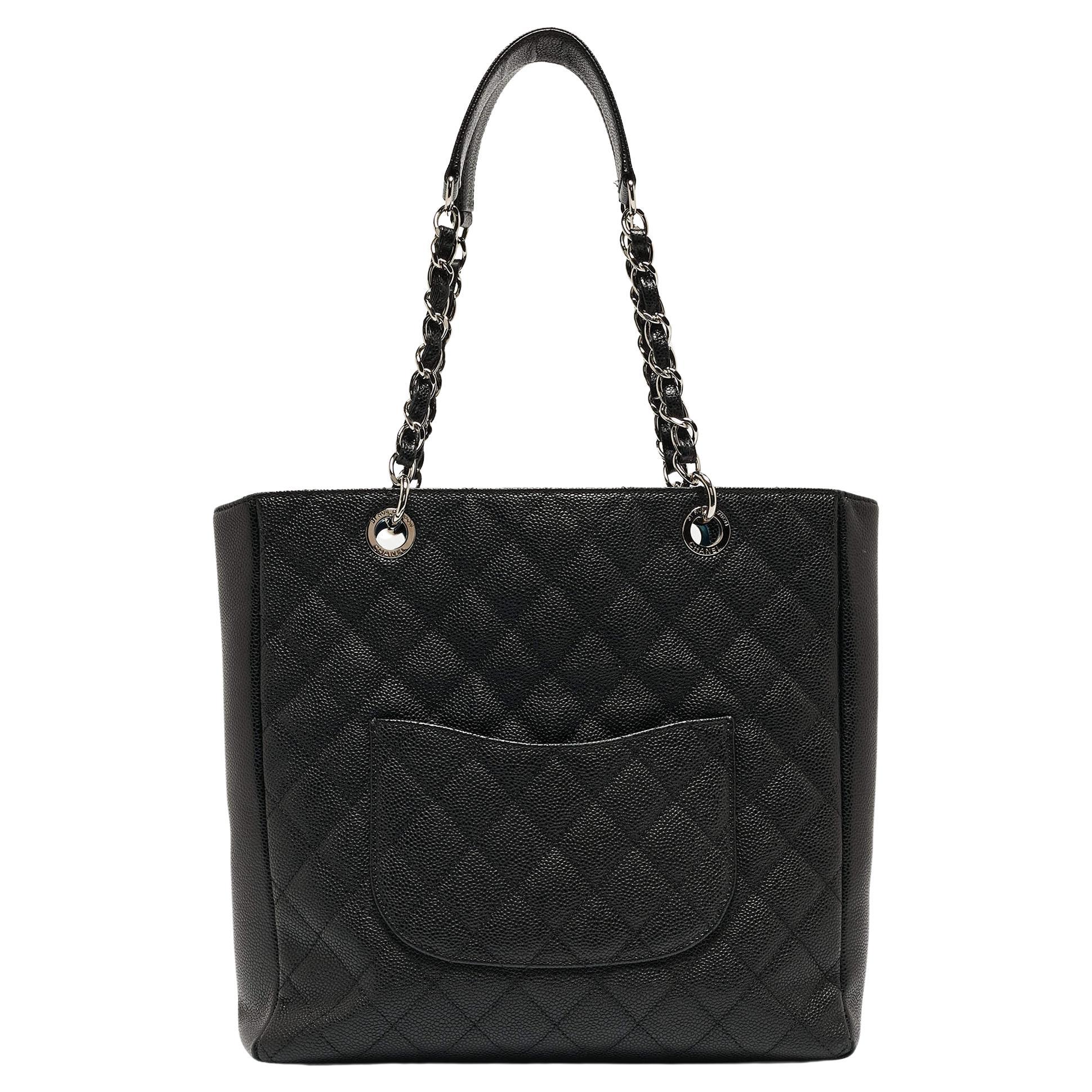 Chanel Black Caviar Quilted Leather CC Tote For Sale