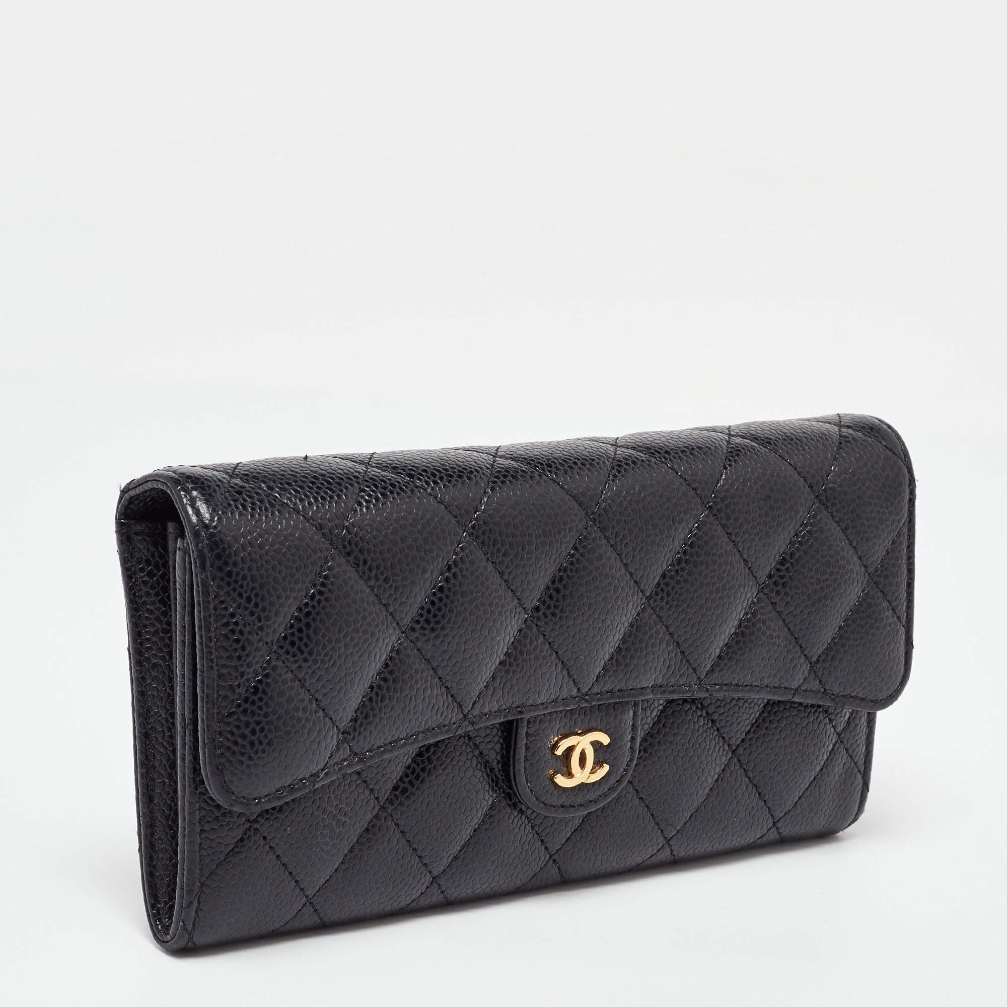 Women's Chanel Black Caviar Quilted Leather Classic Long Flap Wallet For Sale