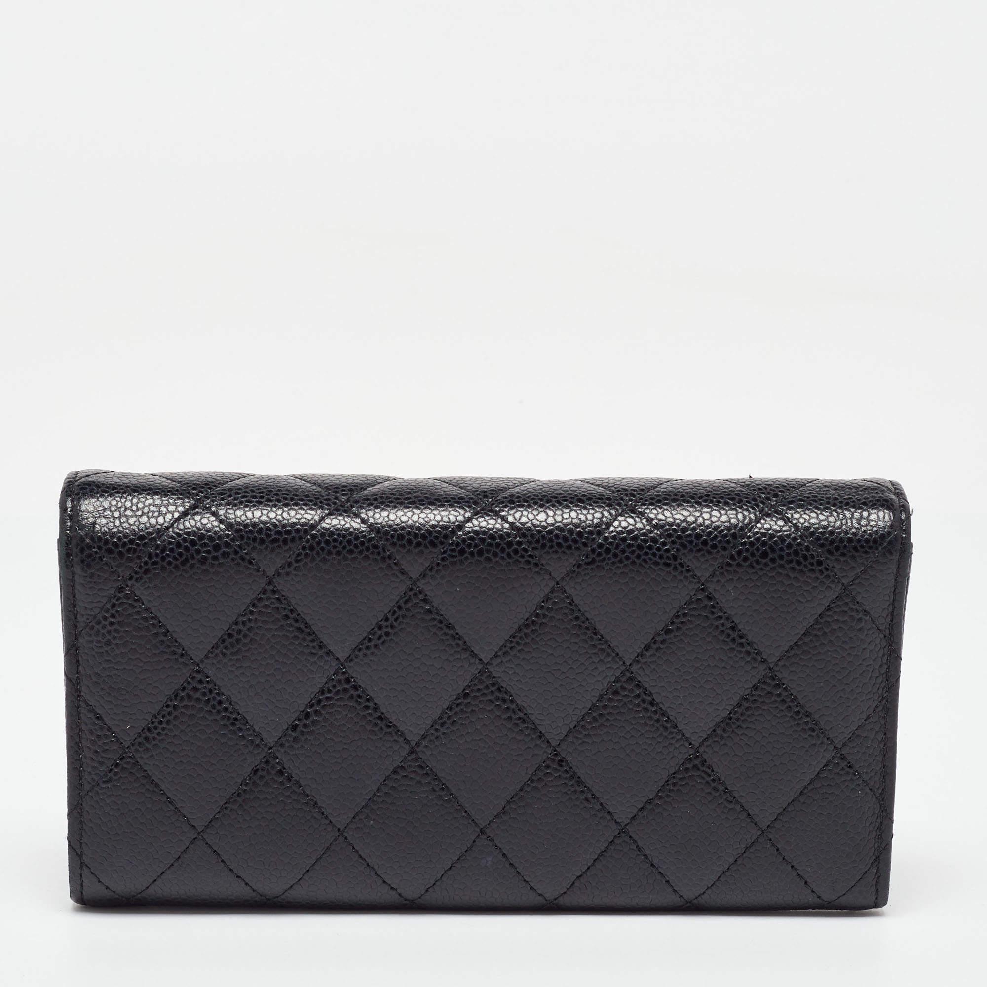 Chanel Black Caviar Quilted Leather Classic Long Flap Wallet For Sale 1