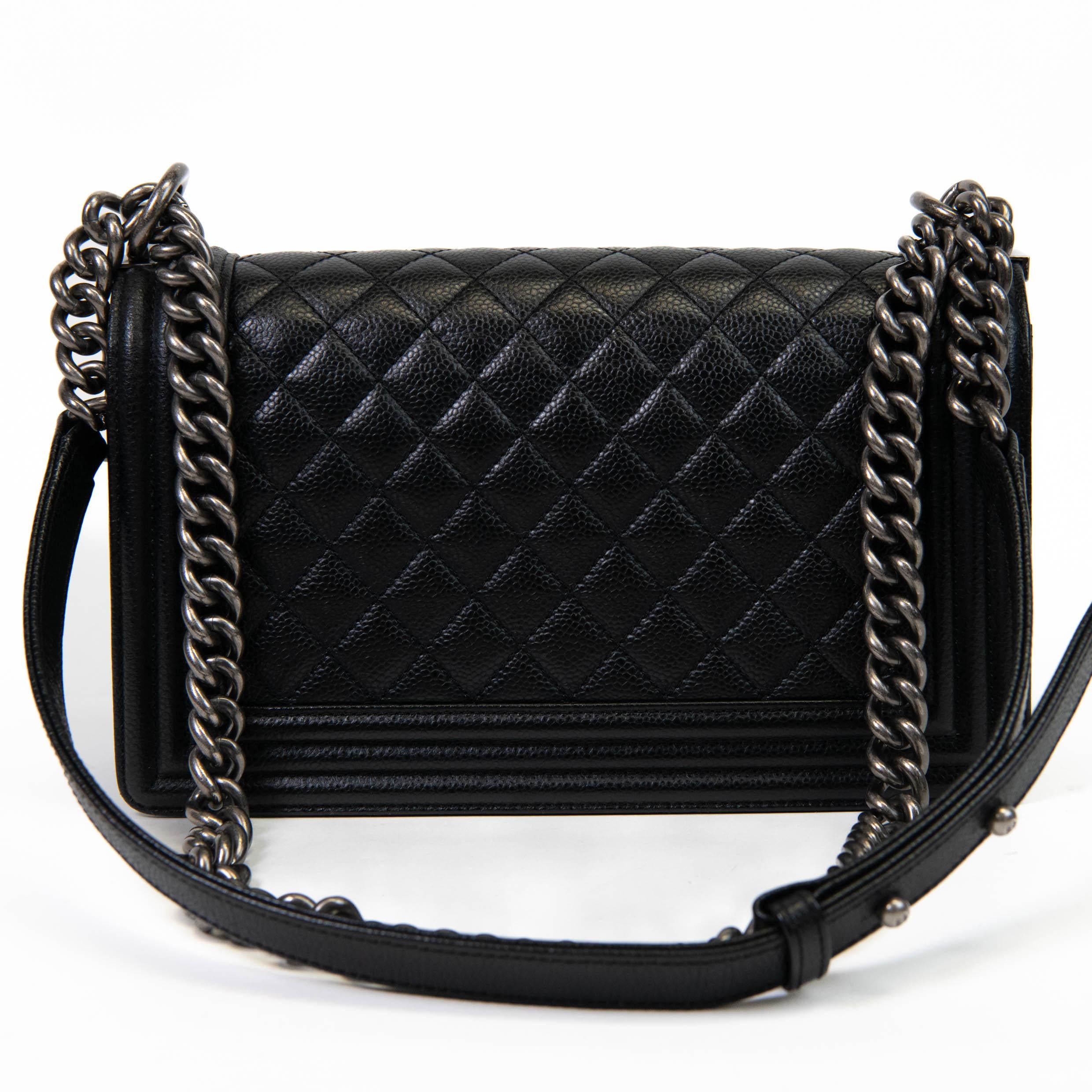 Chanel Black Caviar Quilted Leather Medium Boy Flap In Excellent Condition For Sale In Corona Del Mar, CA