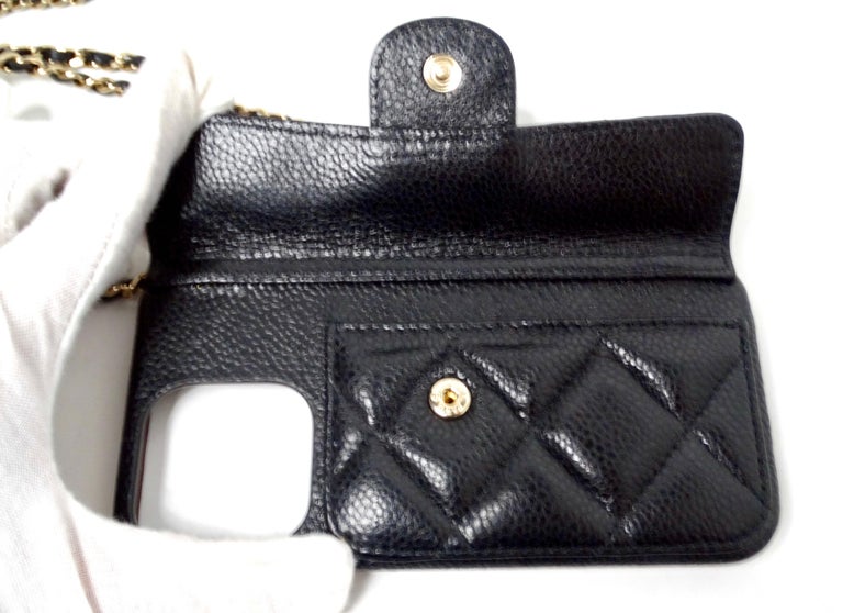 Chanel Black Caviar Quilted Leather Pearl Crush iPhone 15 Pro Case