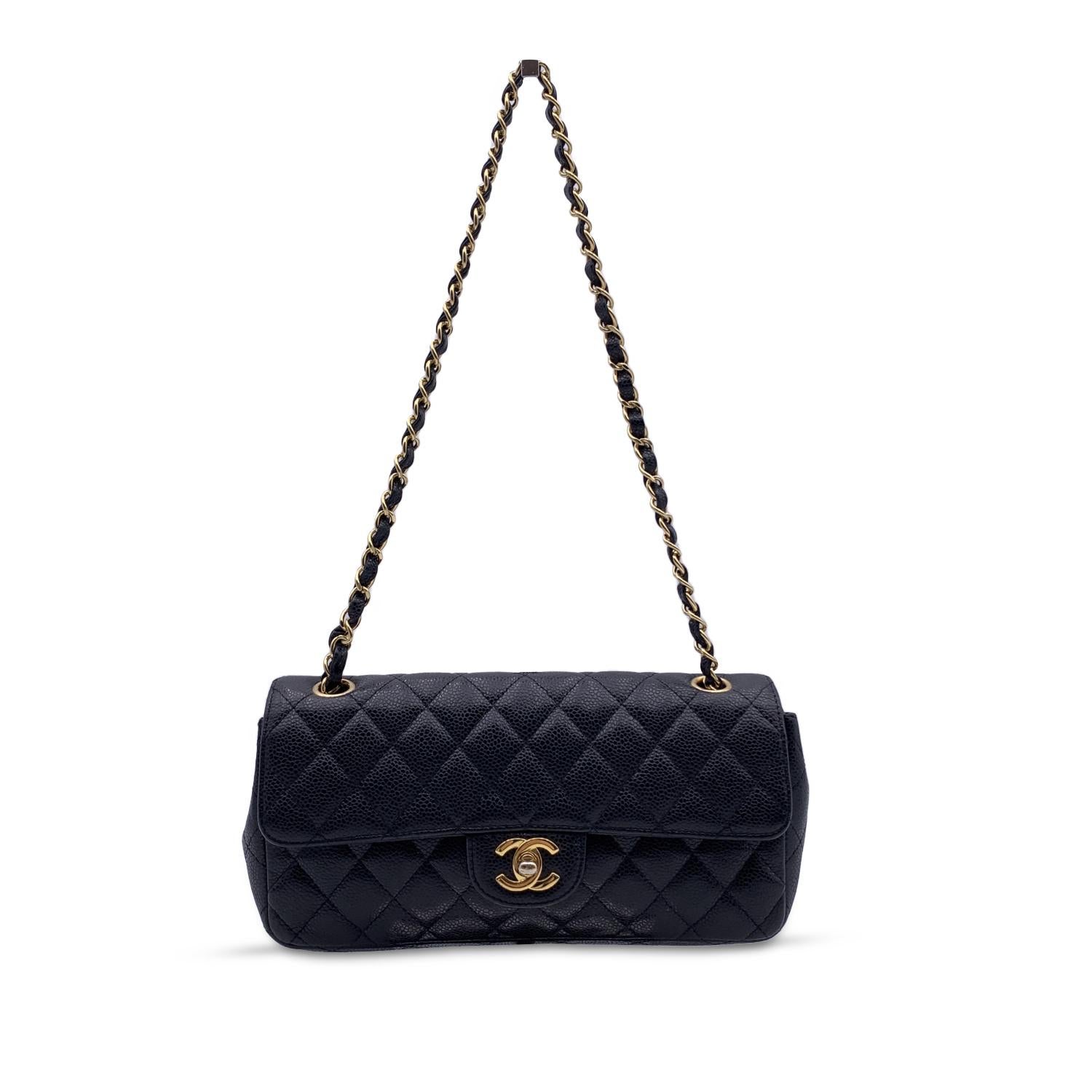 Chanel Black Caviar Quilted Leather Small East West Flap Bag For Sale