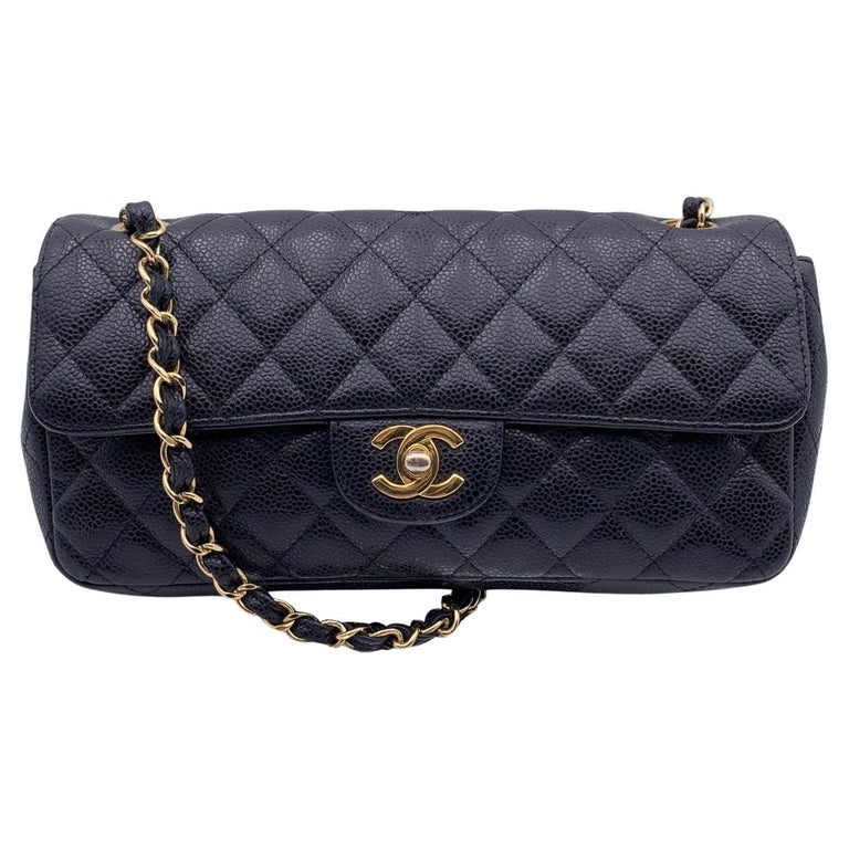 Chanel Black Caviar Quilted Leather Small East West Flap Bag For Sale