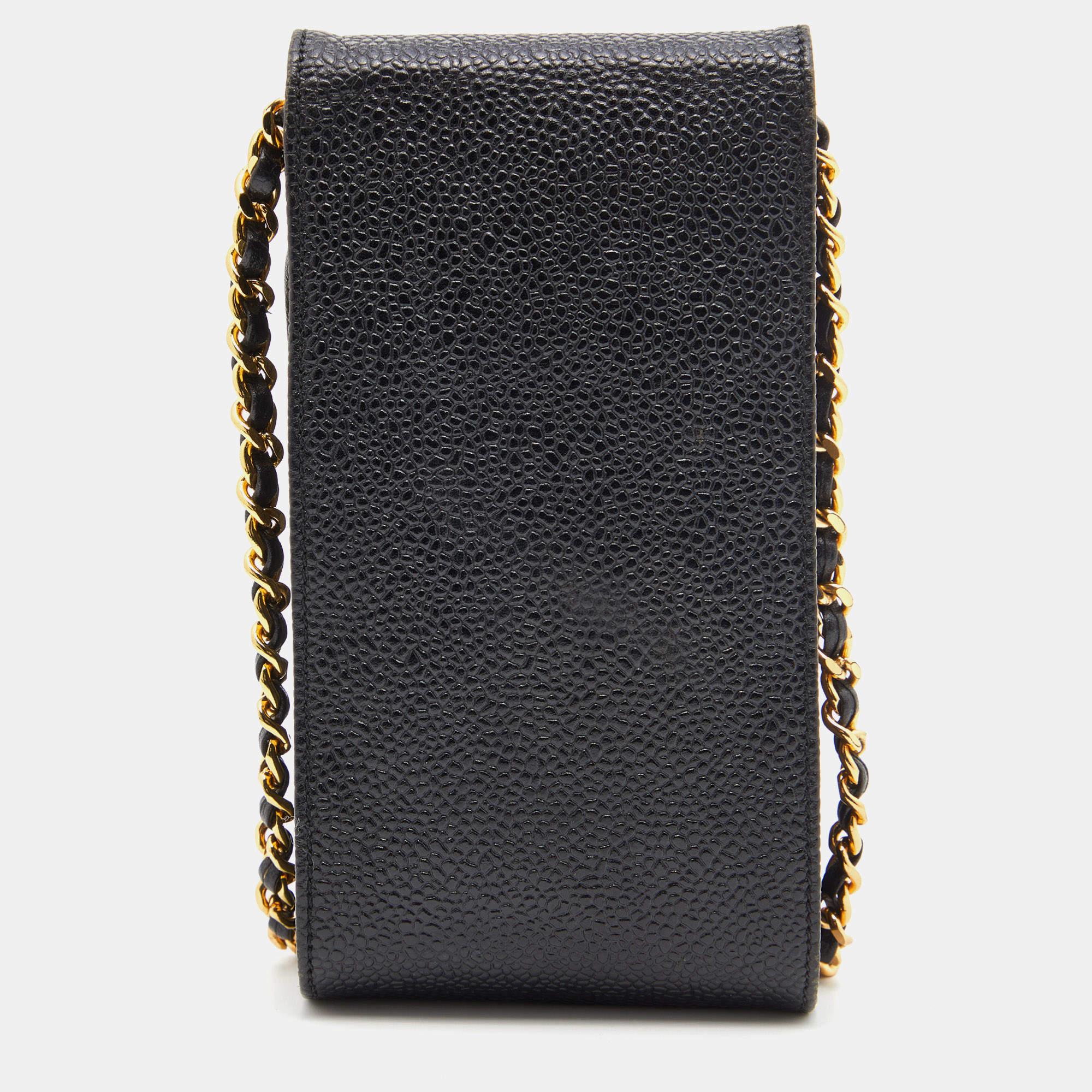 Women's Chanel Black Caviar Quilted Leather Vintage Flap Chain Phone Case
