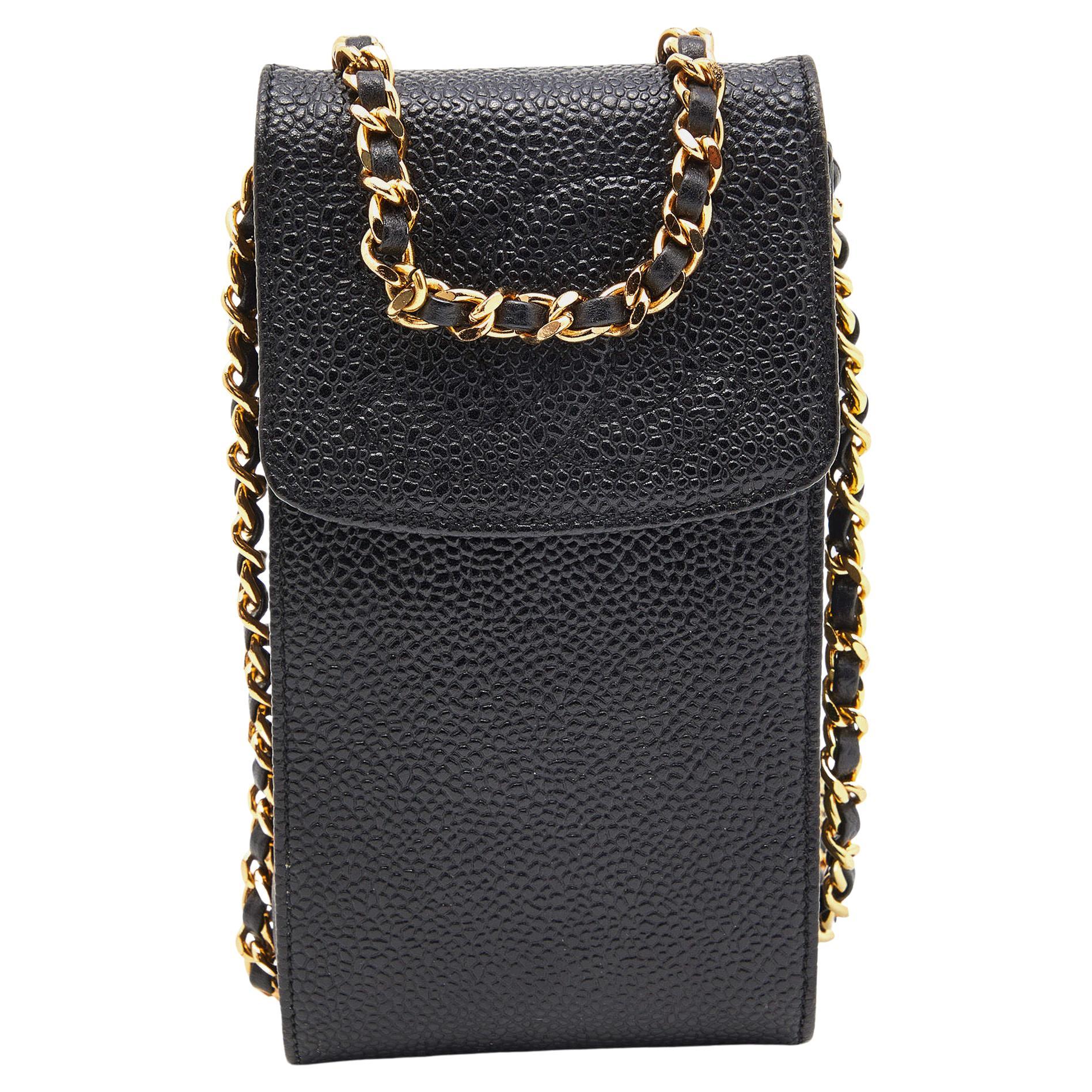 Chanel Black Caviar Quilted Leather Vintage Flap Chain Phone Case at 1stDibs