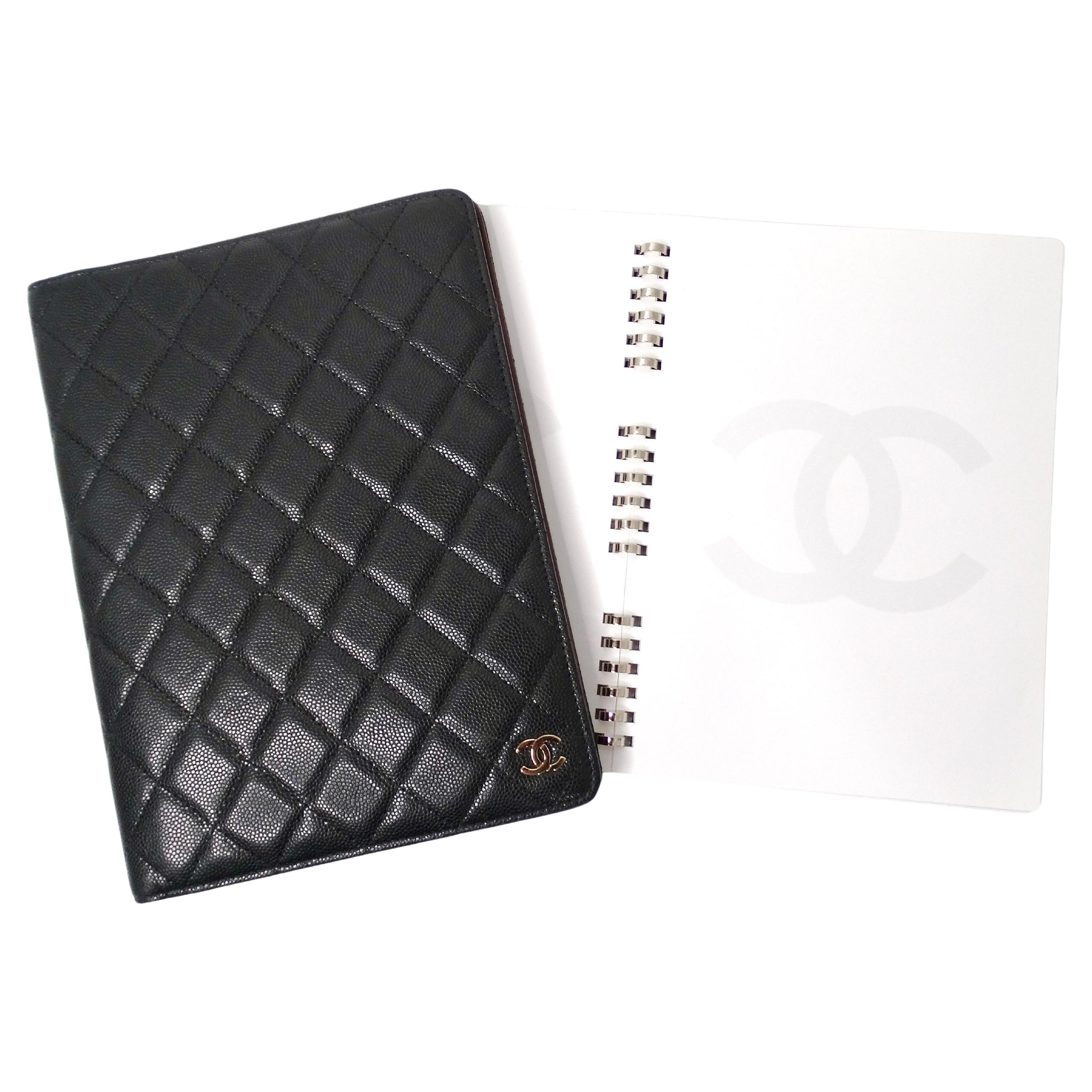 Chanel Black Caviar Quilted Leather Zip Around Notebook Cover For Sale