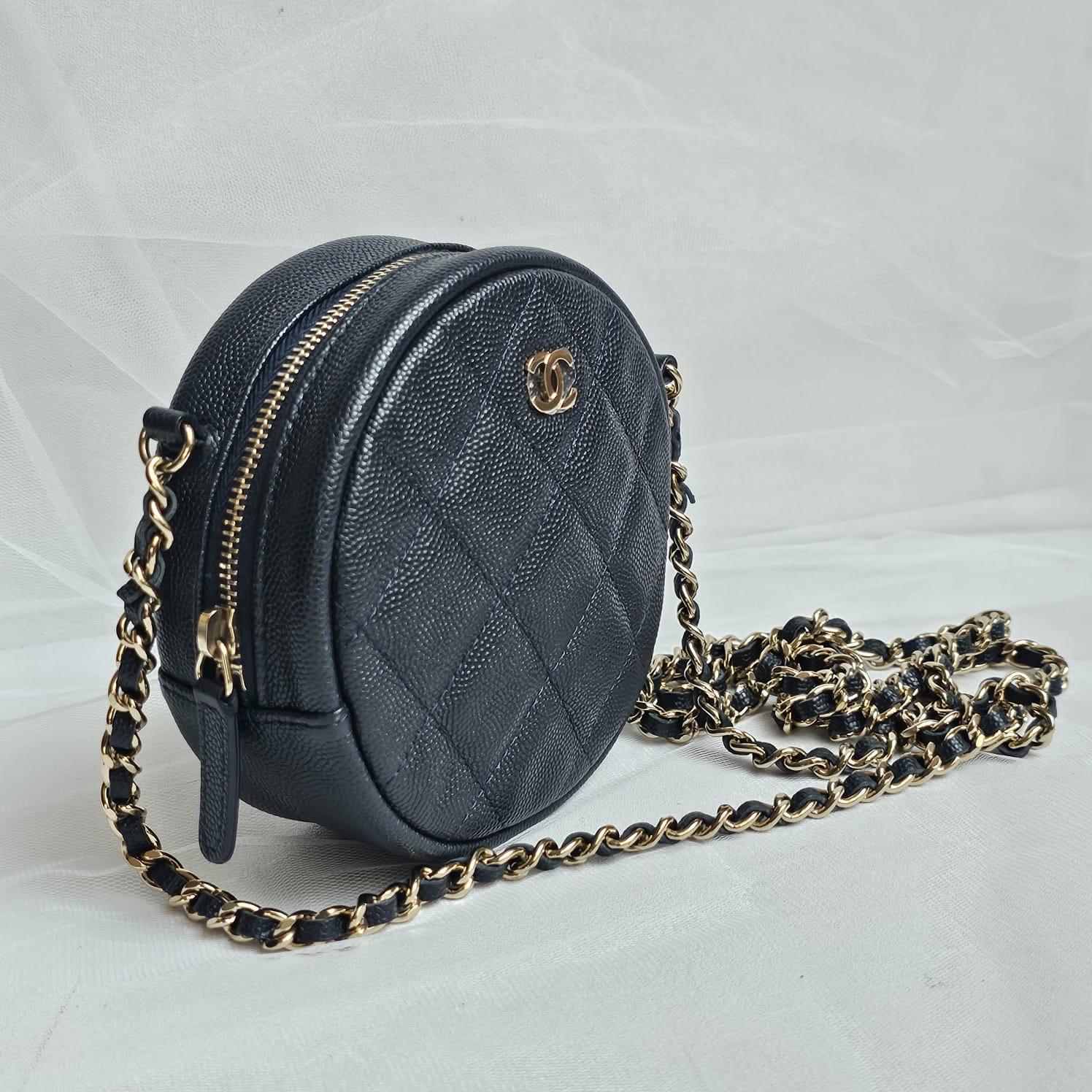 Women's or Men's Chanel Navy Caviar Quilted Mini Round Crossbody Bag