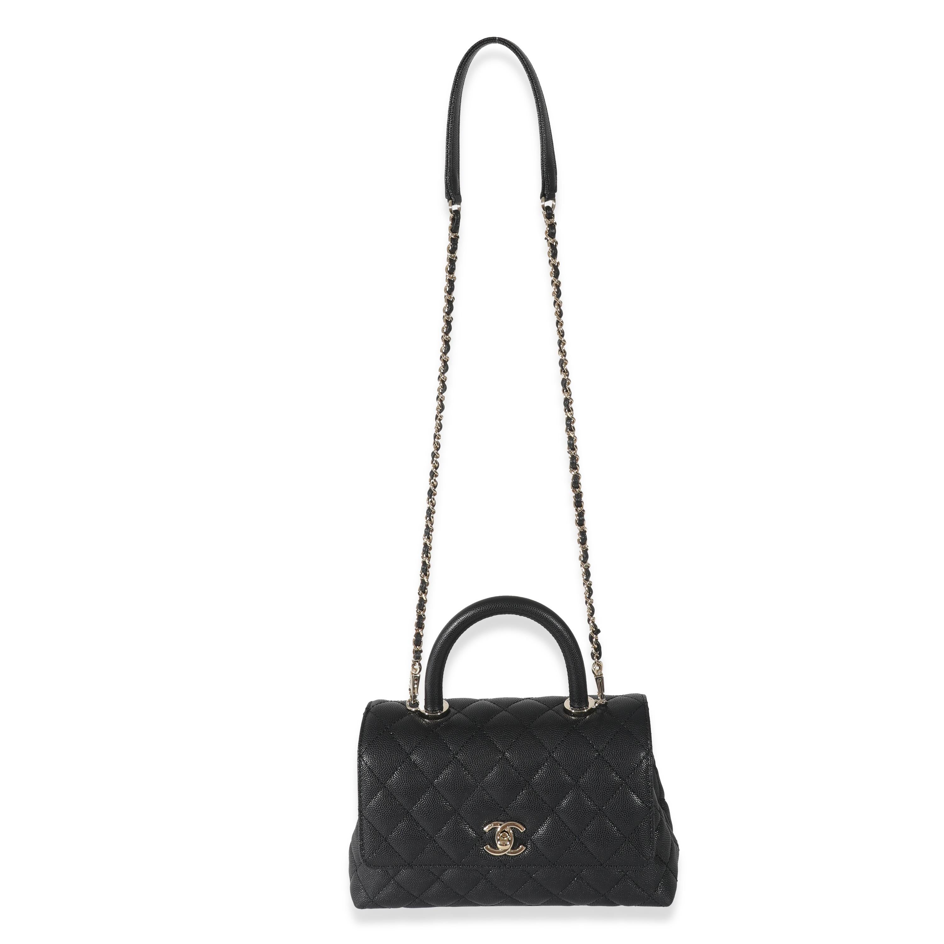 Listing Title: Chanel Black Caviar Quilted Small Coco Top Handle Flap Bag
SKU: 131362
Condition: Pre-owned 
Condition Description: Intrinsically Chanel, the medium Coco top handle bag was named after the maison's founder. Introduced in 2015, the bag