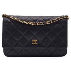 Chanel Schwarz Kaviar gesteppte Brieftasche an Kette Tasche