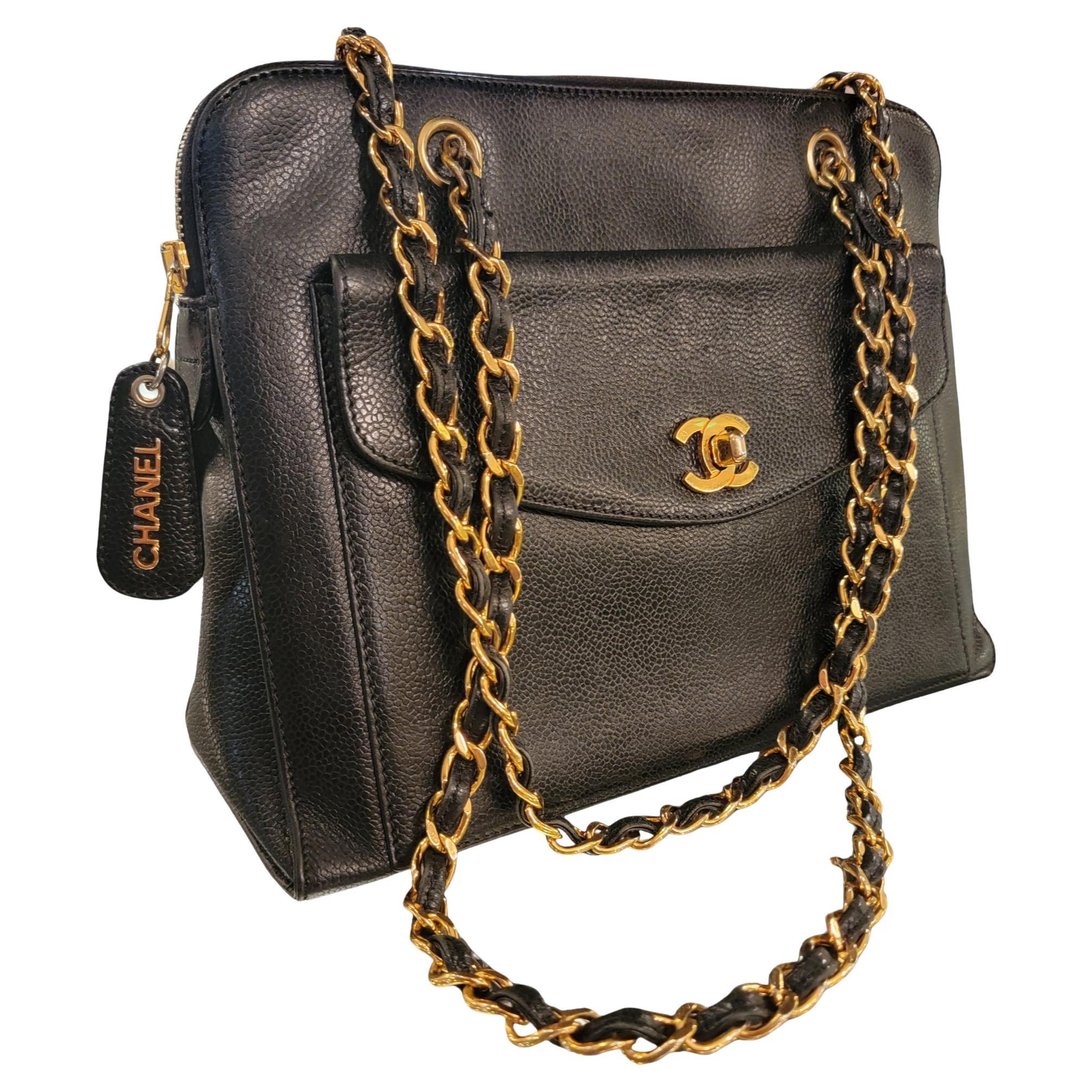 CHANEL Black Caviar Skin Leather Shoulder Bag For Sale