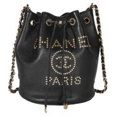 Chanel Black Caviar Studded Deauville Drawstring Bucket Bag