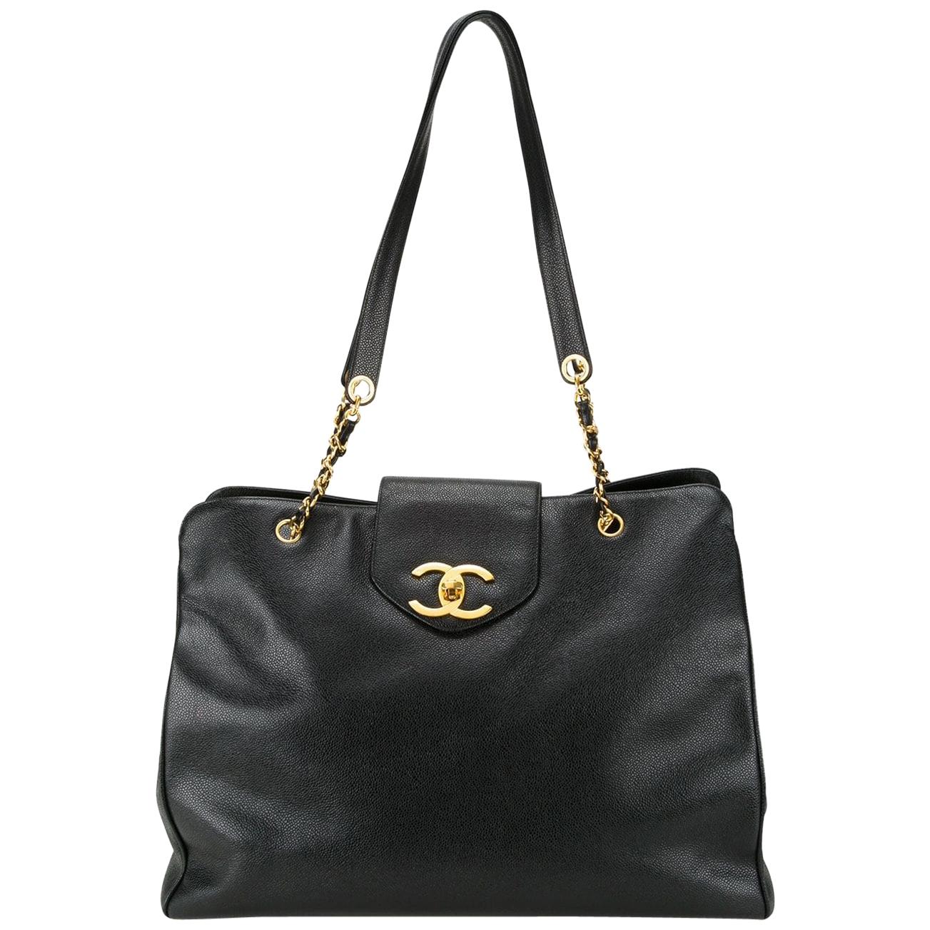 Women's Chanel Black Caviar Supermodel Overnight Weekender Travel Tote Shoulder Bag
