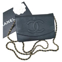 Chanel Schwarz Kaviar Timeless CC Brieftasche an Kette WOC