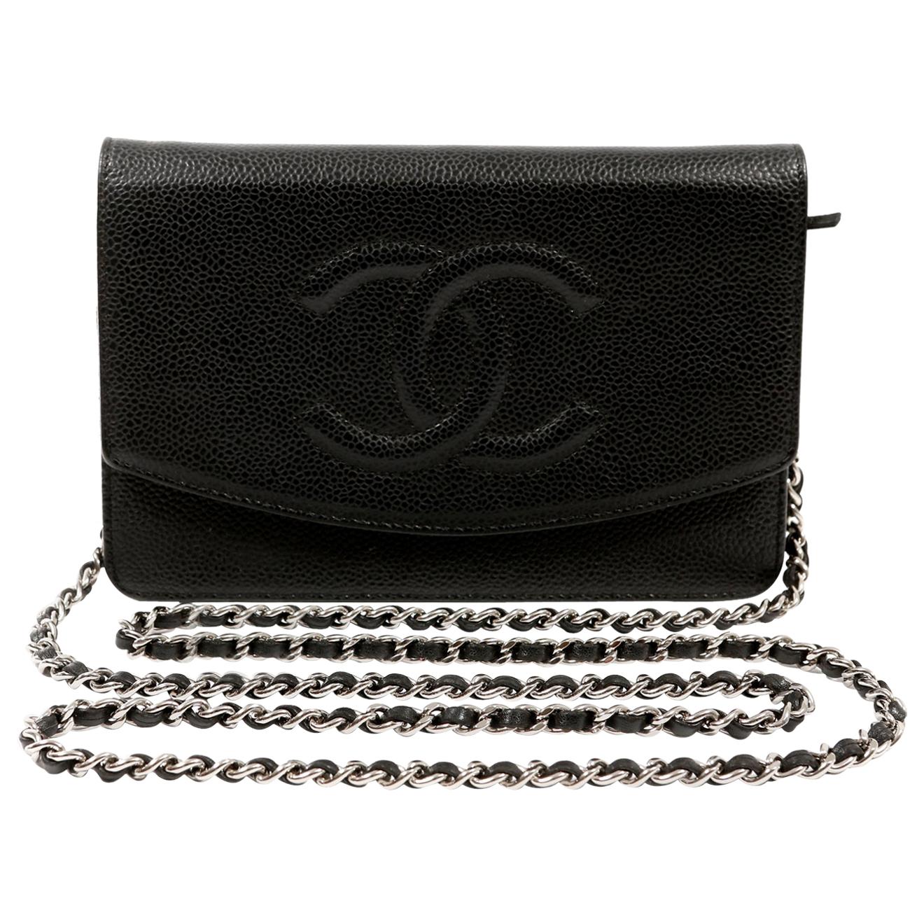 Chanel Black Caviar Timeless Wallet on a Chain with Silver