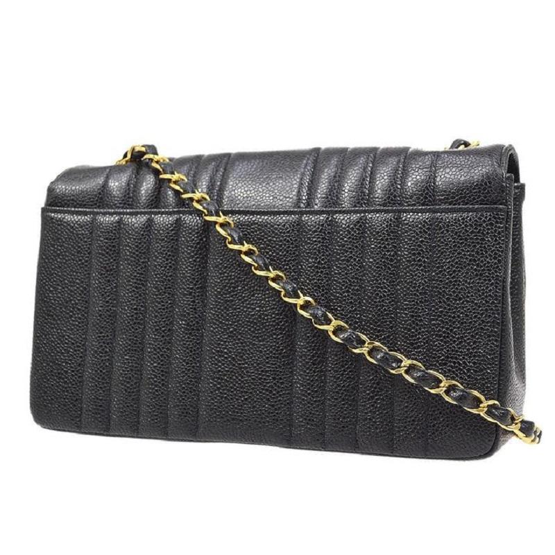 Women's CHANEL Black Caviar Vertical Quilted Gold Evening Shoulder Medium Flap Bag For Sale