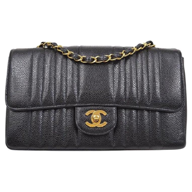 CHANEL Black Caviar Vertical Quilted Gold Evening Shoulder Medium Flap Bag For Sale