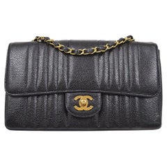 CHANEL Black Caviar Vertical Quilted Gold Evening Shoulder Medium Flap Bag