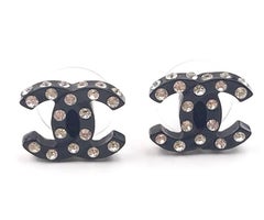 Chanel Black CC All Over Crystal Piercing Earrings