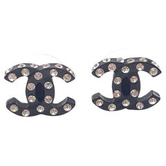 Chanel Black CC All Over Crystal Piercing Earrings