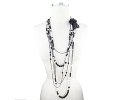 Chanel Black CC Beaded Flower Pin Black Bead Pearl 5 Strand Necklace