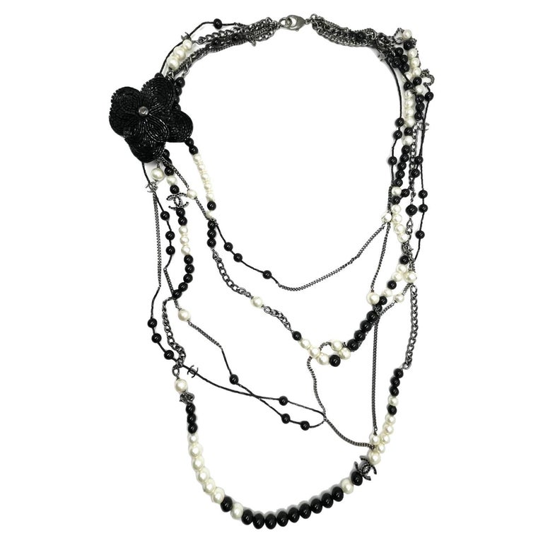 Chanel Black CC Beaded Flower Pin Black Bead Pearl 5 Strand Necklace For  Sale at 1stDibs