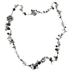 Chanel Black CC Black Grey Stone Mini Plant Charm Pearl Necklace