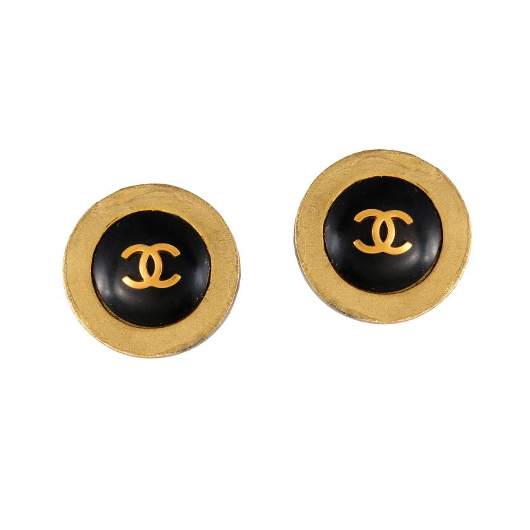 Chanel Button Earrings Gold Black Clip-On 93A 99560 - 2 Pieces