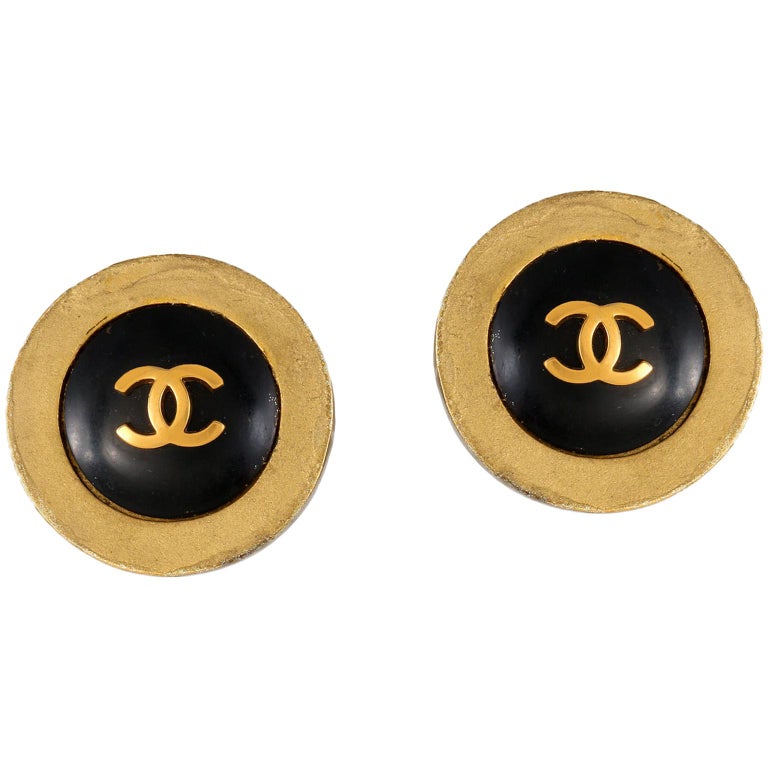 Chanel Black CC Button earrings with Gold Surround
