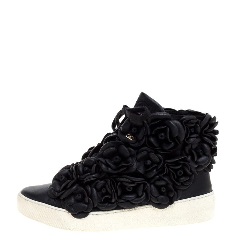 Chanel Black CC Camellia Leather High Top Sneakers Size 36.5 For Sale ...