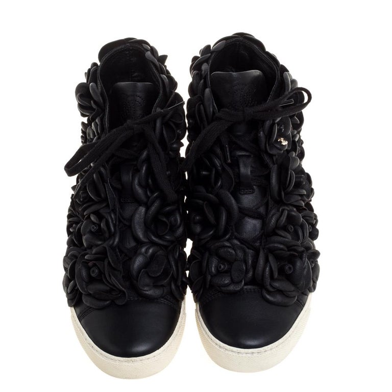 Chanel Black CC Camellia Leather High Top Sneakers Size  For Sale at  1stDibs