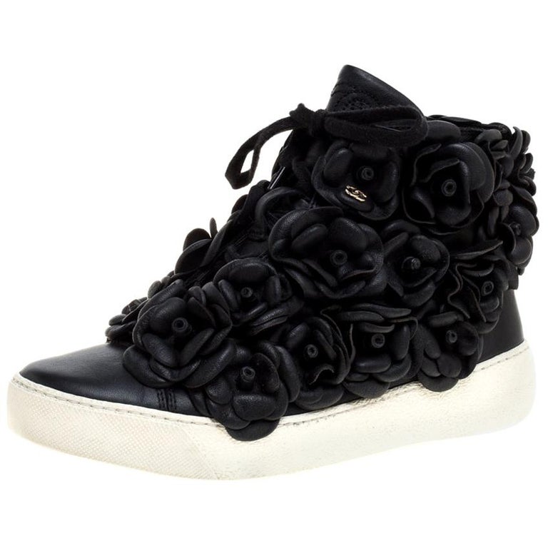 Chanel Black CC Camellia Leather High Top Sneakers Size  at 1stDibs