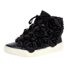 Chanel Black CC Camellia Leather High Top Sneakers Size 36.5