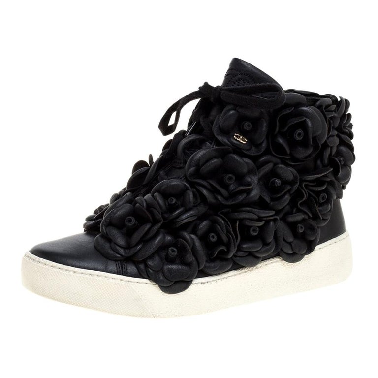Chanel Black CC Camellia Leather High Top Sneakers Size  For Sale at  1stDibs