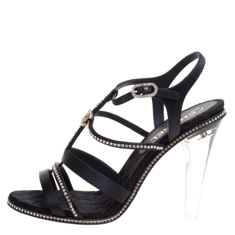 Women's Chanel Black CC Crystal Embellished Satin Lucite Heel Strappy Sandals Size 41