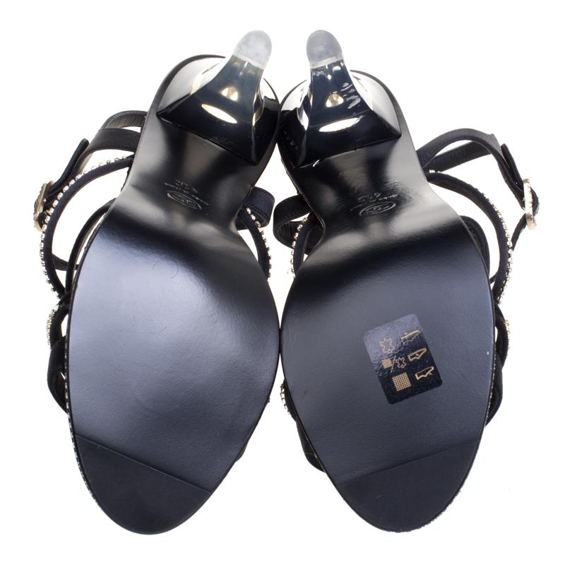 Chanel Black CC Crystal Embellished Satin Lucite Heel Strappy Sandals Size 41 2