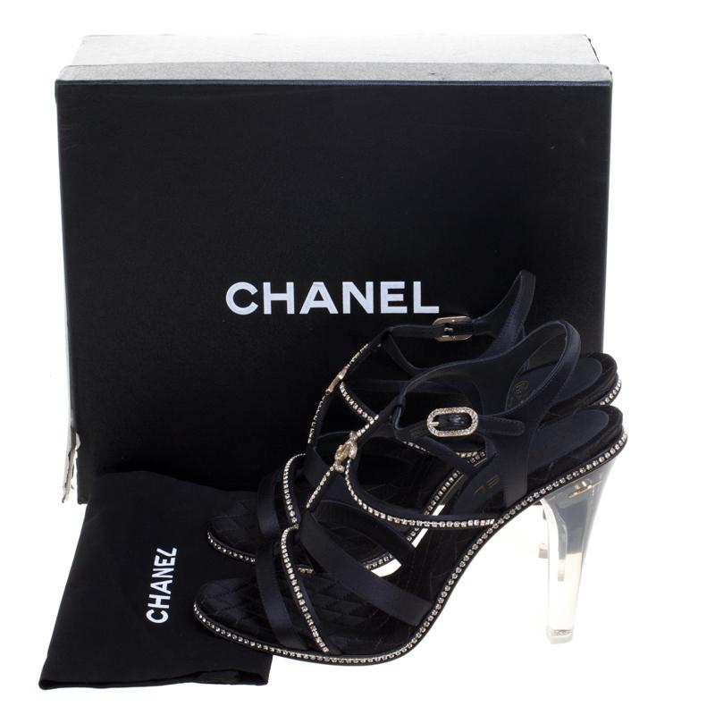 Chanel Black CC Crystal Embellished Satin Lucite Heel Strappy Sandals Size 41 4