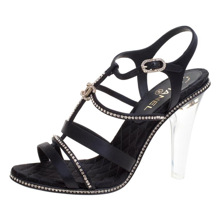 Chanel Black CC Crystal Embellished Satin Lucite Heel Strappy Sandals Size 41