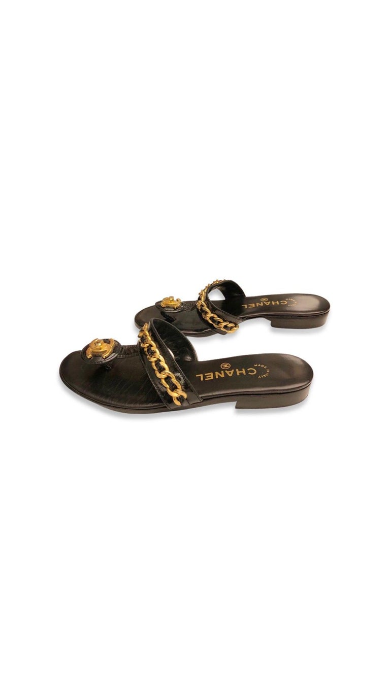 Women's or Men's Chanel Black CC Gold Chain Sandals For Sale