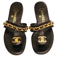Chanel Black CC Gold Chain Sandals