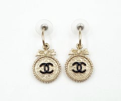 Chanel Black CC Gold Ribbon Button Large Hoop Earrings