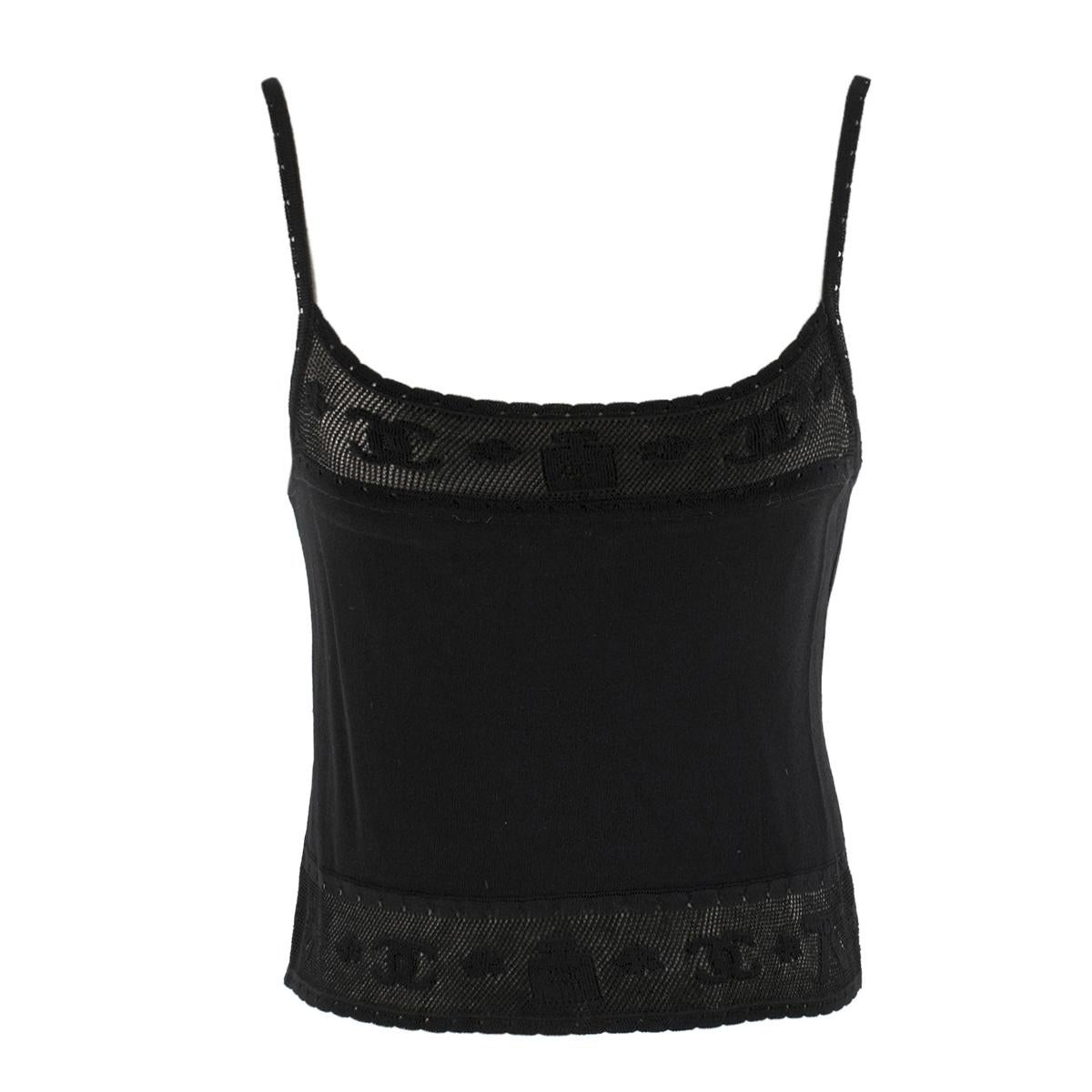 Chanel black CC-knit cropped cami top

- Black, lightweight knit 
- Scoop neck, skinny shoulder straps 
- Black CC eyelet-knit top and hem panels 
- 94% viscose, 6% polyester. 

Please note, these items are pre-owned and may show some signs of