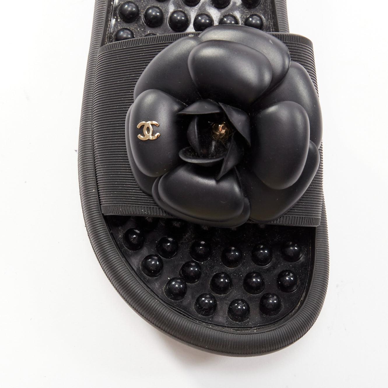 CHANEL black CC logo camellia pebbled insole thermoplastic slippers EU36 2