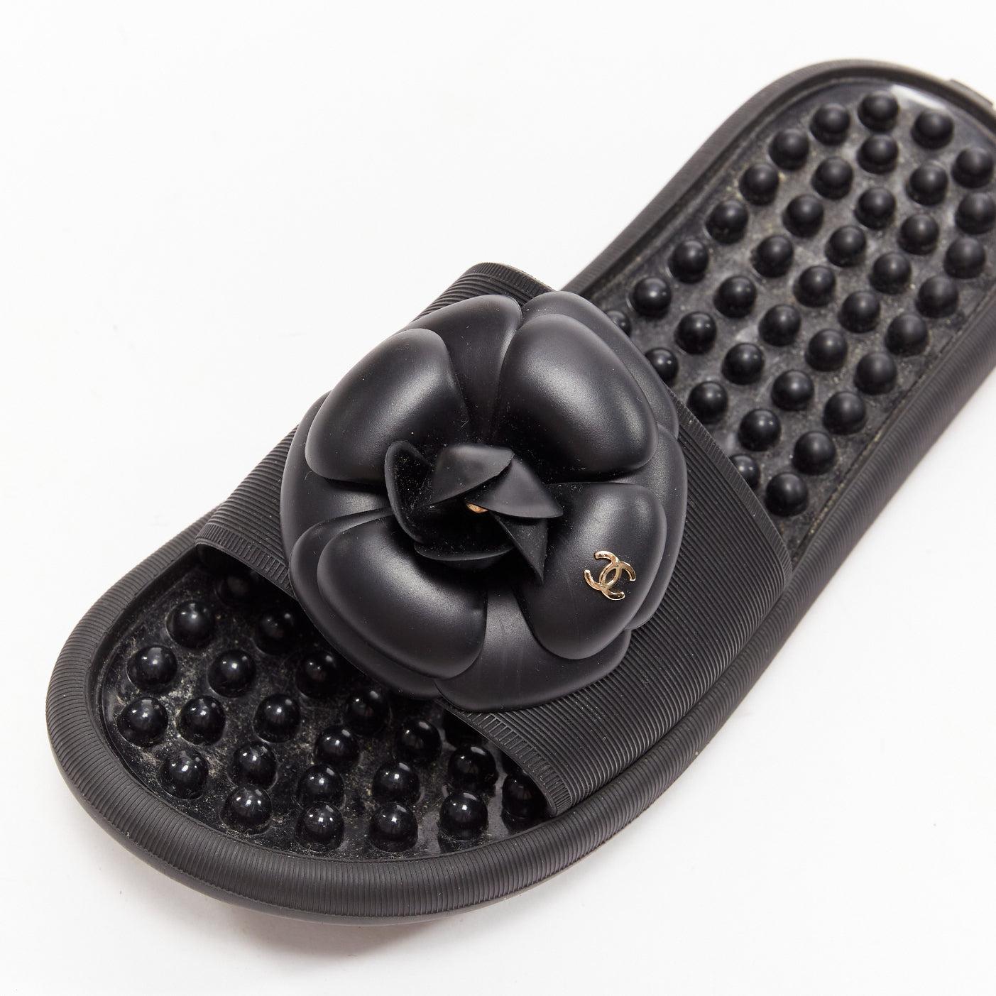CHANEL black CC logo camellia pebbled insole thermoplastic slippers EU36 3