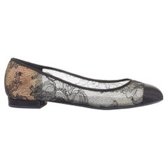 CHANEL black CC logo floral lace satin toe cap nude underlay ballet flats EU37