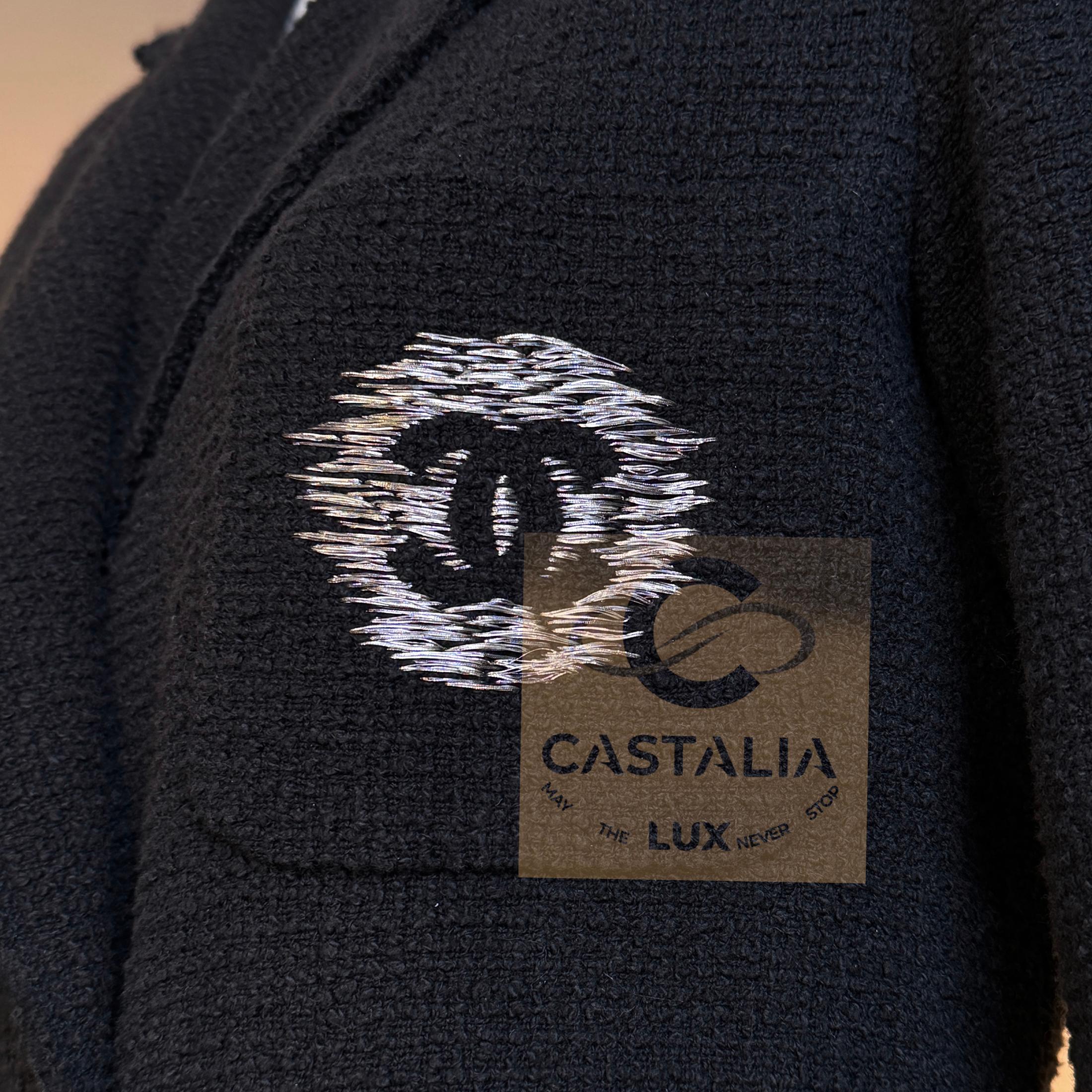 CHANEL Black CC Logo Patch Tweed Jacket 36 FR For Sale 7