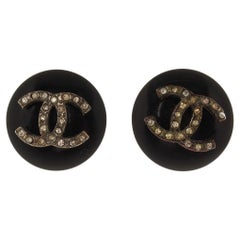 Chanel Black CC Logo Rhinestone Earrings