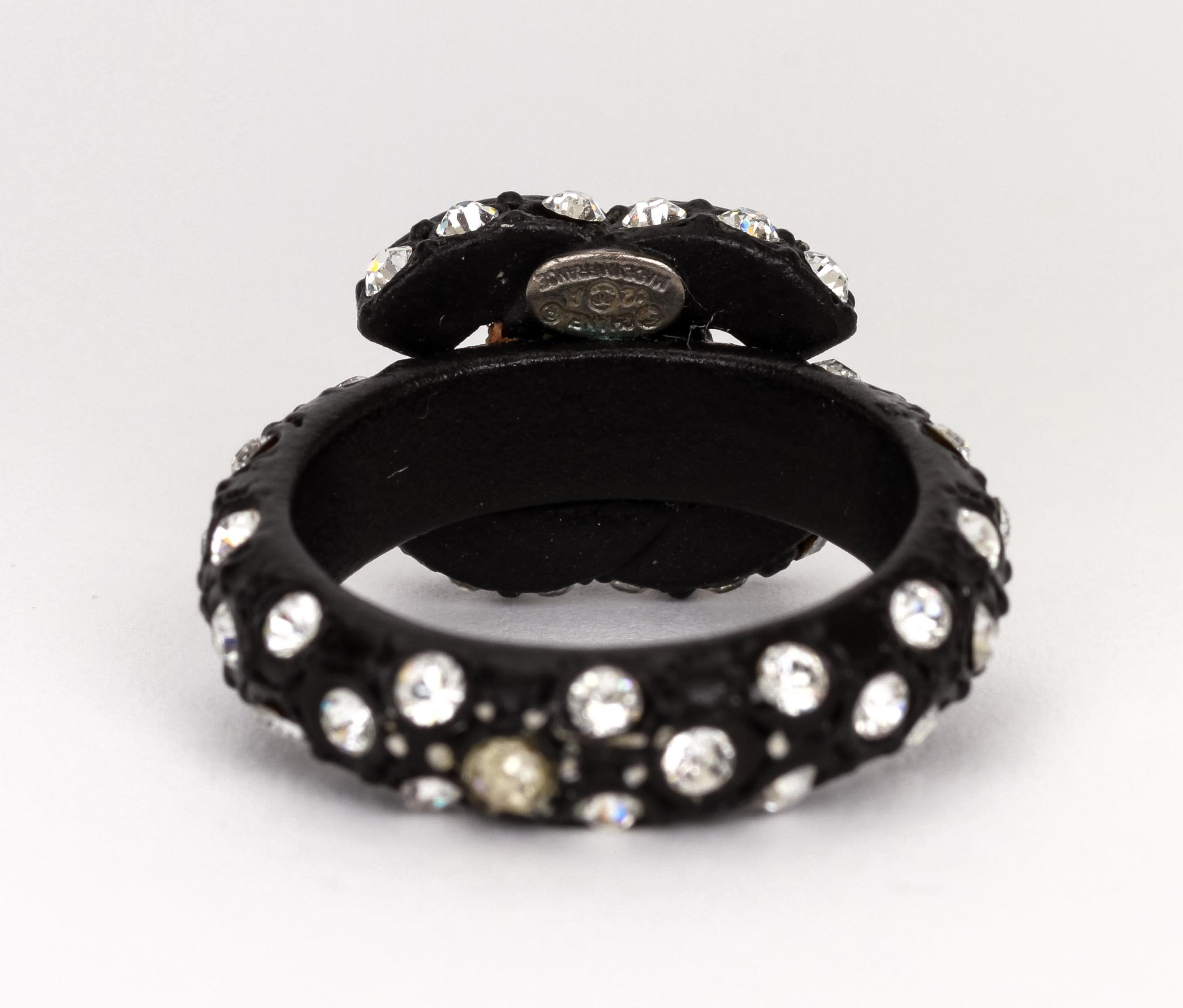 Chanel  Black CC Logo Rhinestone Ring Size 6 In Excellent Condition For Sale In West Hollywood, CA