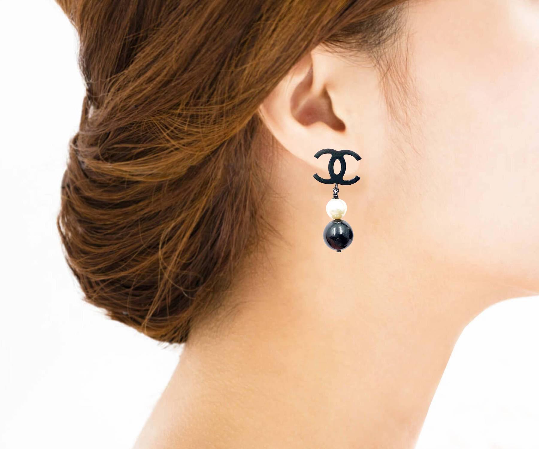 Contemporary Chanel Classic Black CC Pearl Black Bead Dangle Long Piercing Earrings  For Sale