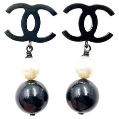 Chanel Classic Black CC Pearl Black Bead Dangle Long Piercing Earrings